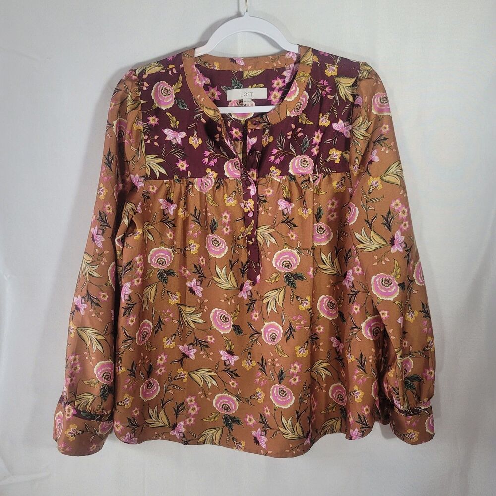 Loft Mixed Media Floral Yoke Blouse M Long Sleeve Split Neck Boho Cottagecore